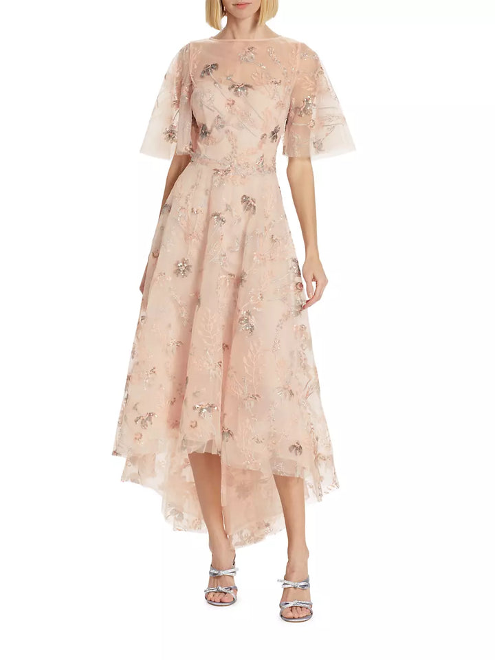 Teri Jon by Rickie Freeman Sequined Embroidered Floral Tulle High Low Dress