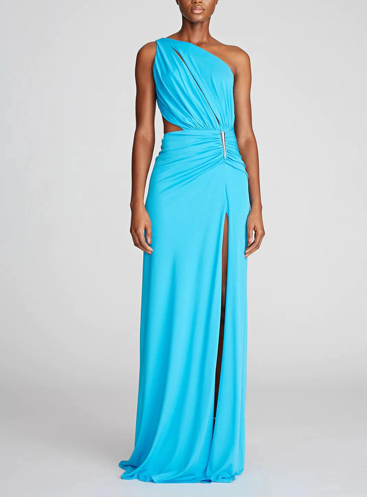 Halston Ivanna Gathered Asymmetric Cut-Out Gown