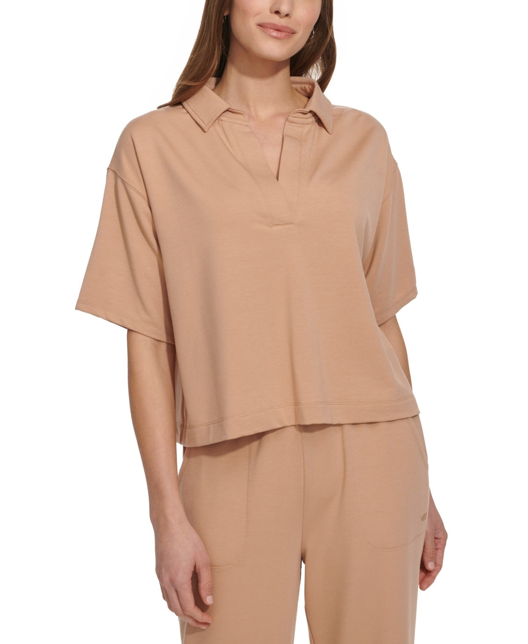 DKNY Solid Johnny Collar Split-Neck Top