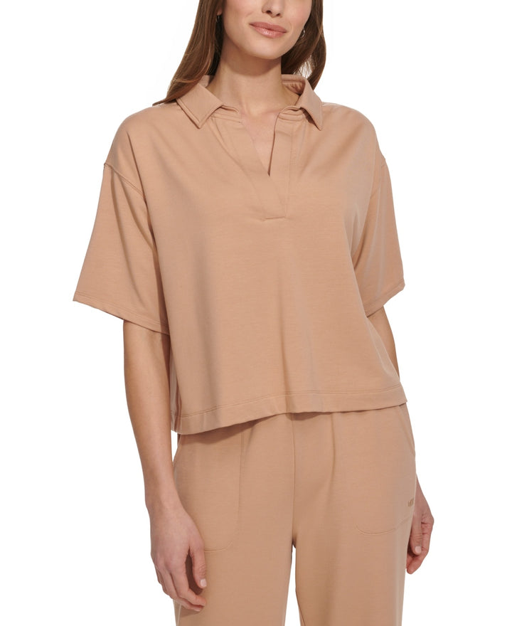 DKNY Solid Johnny Collar Split-Neck Top