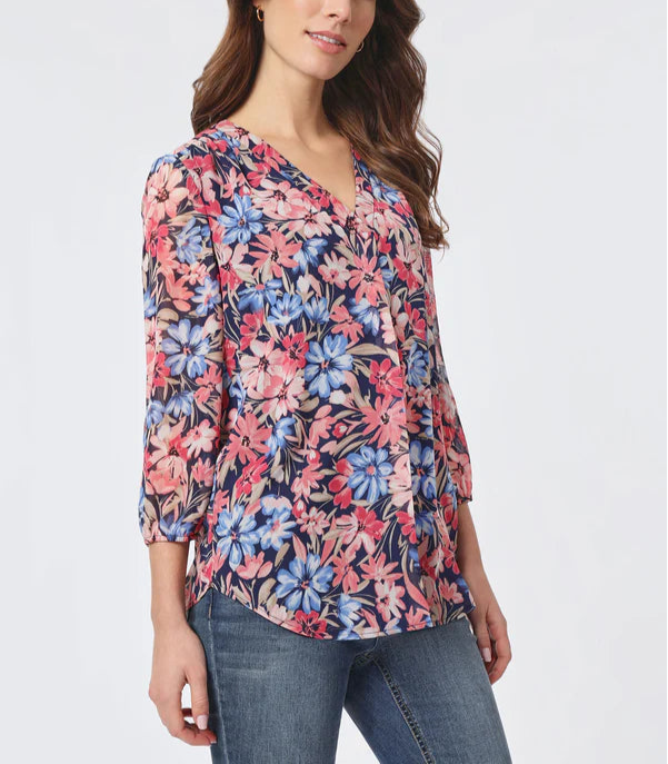Jones New York Printed V-Neck Pleated Kelly Blouse