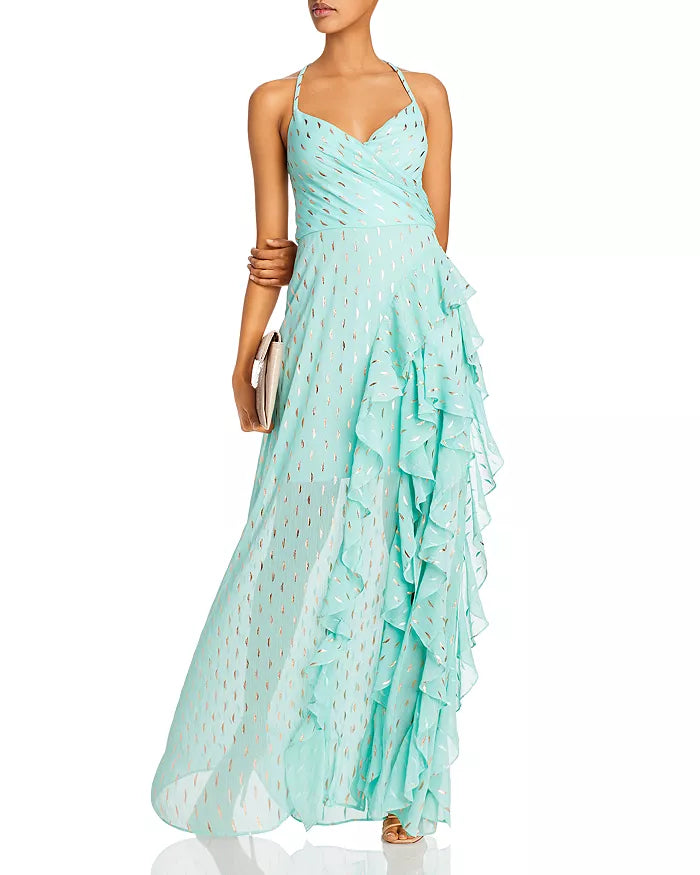 AQUA Metallic-Print Ruffled Gown