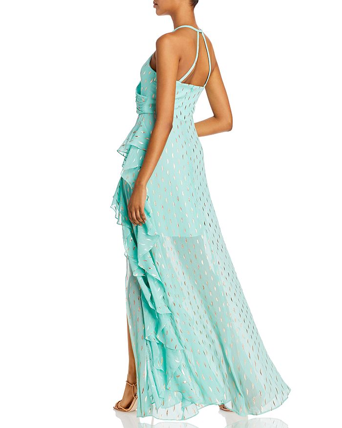 AQUA Metallic-Print Ruffled Gown