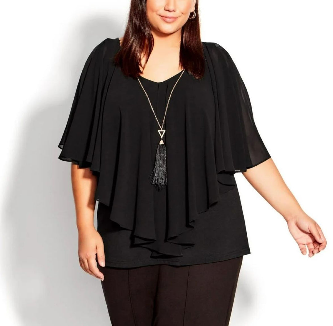 AVENUE Plus Size Mira Overlay Necklace Short Flutter Sleeve Top