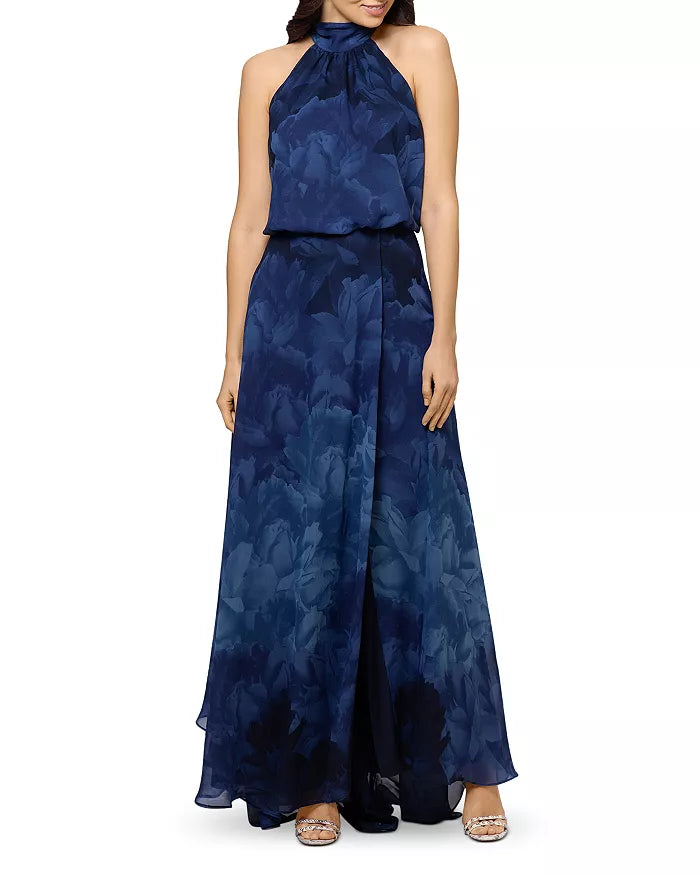 AQUA Chiffon Print Halter Gown