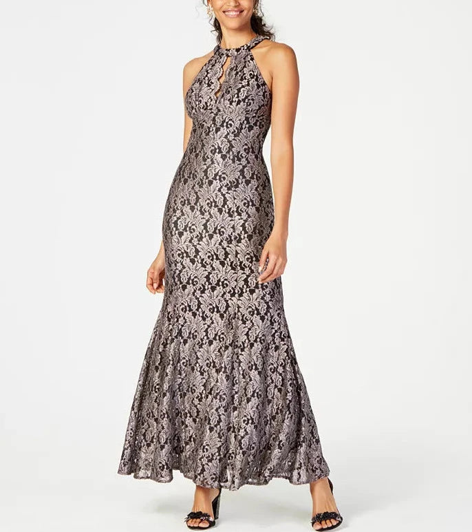 Nightway Glitter-Lace Keyhole Gown