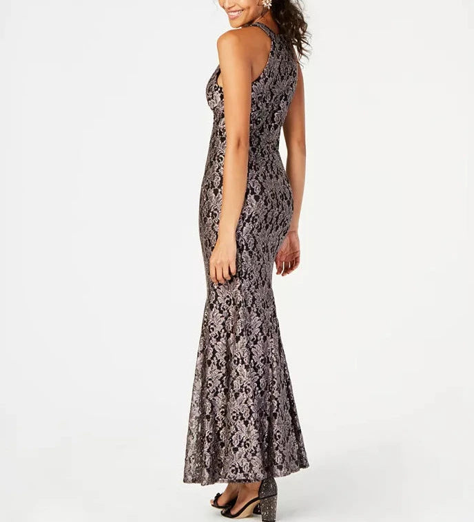 Nightway Glitter-Lace Keyhole Gown