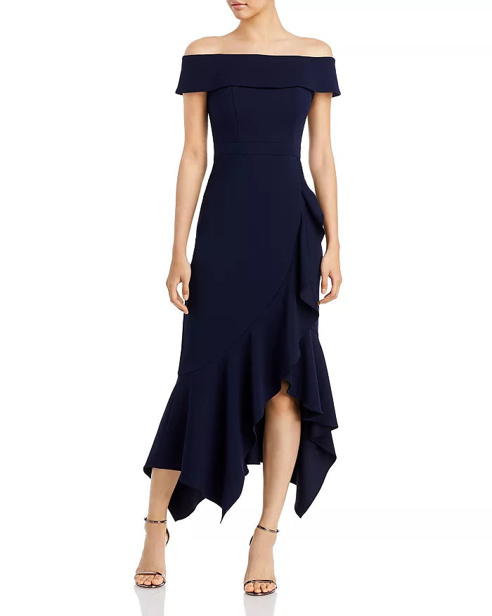 AQUA Scuba Crepe Off-the-Shoulder Midi Dress