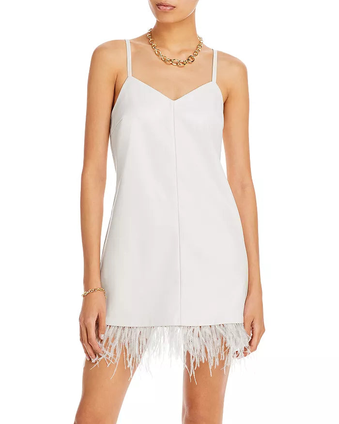 AQUA Feather Trim Vegan Leather Slip Dress