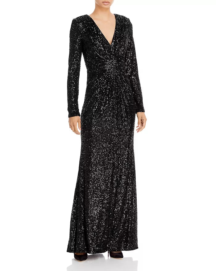 Eliza J Long Sleeve V Neck Sequin Gown