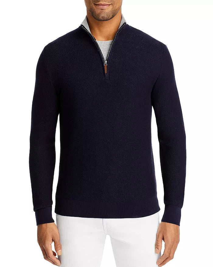 The Men Store Cotton Tipped Textured Birdseye Half Zip Mock Neck Sweater