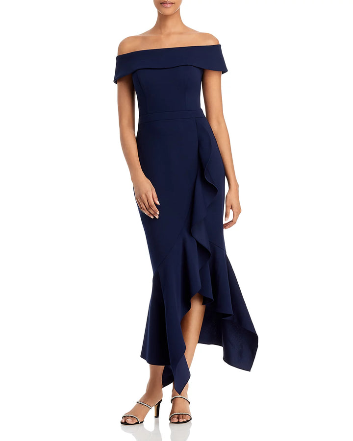 AQUA Scuba Crepe Off-the-Shoulder Midi Dress