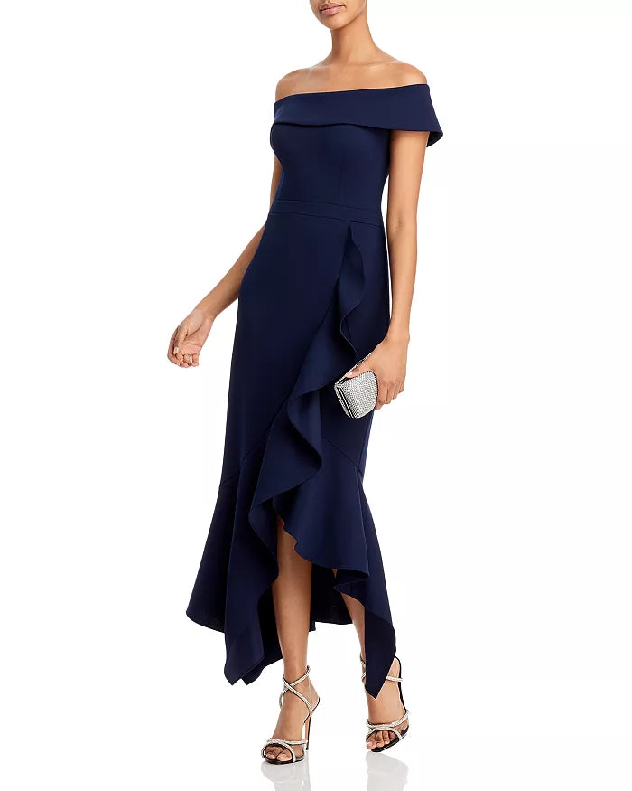 AQUA Scuba Crepe Off-the-Shoulder Midi Dress