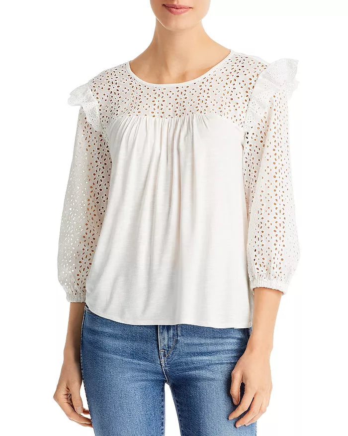 Cupio Three Quarter Length Sleeve Eyelet Top