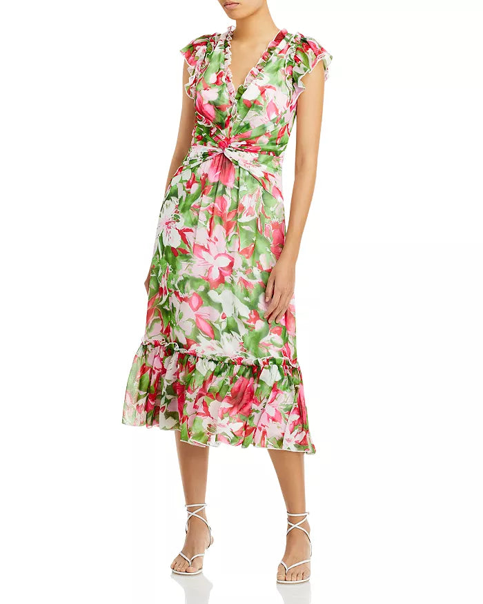 Tadashi Shoji Twist Front Floral Ruffled Midi Dress