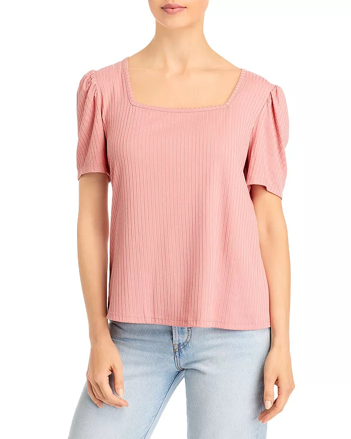 Kim & Cami Puff Sleeve Square Neck Rib Knit Tee