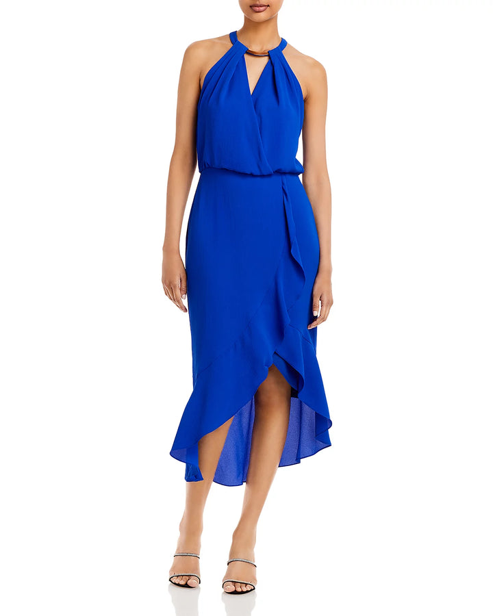 AQUA Midi Crepe Ruffle Dress