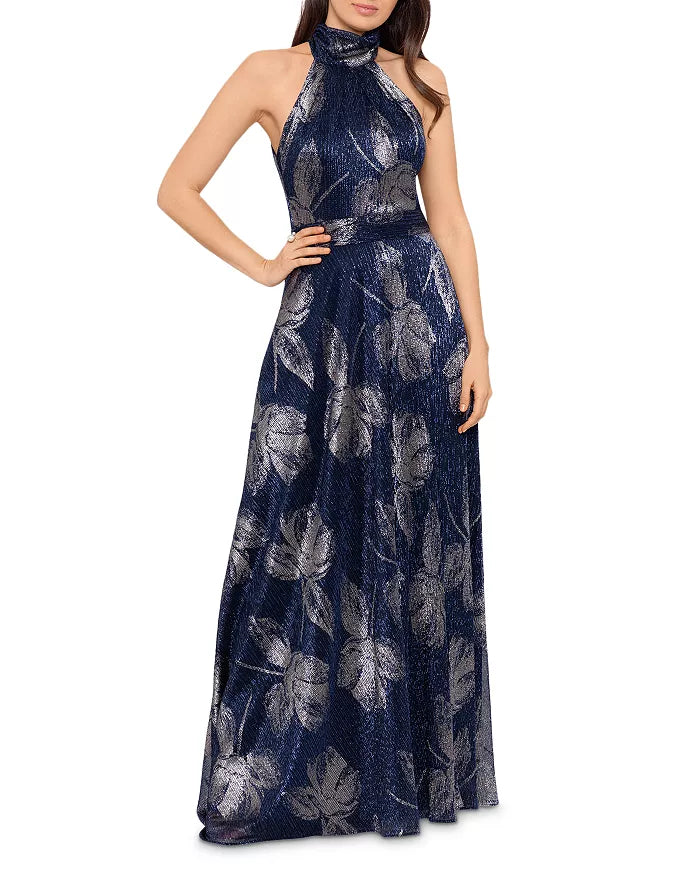 AQUA Metallic Foil Mock Neck Gown