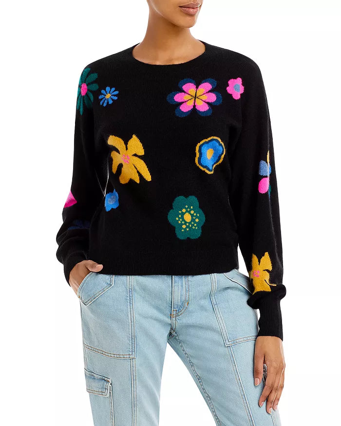 AQUA Cashmere Retro Floral Intarsia Cashmere Sweater