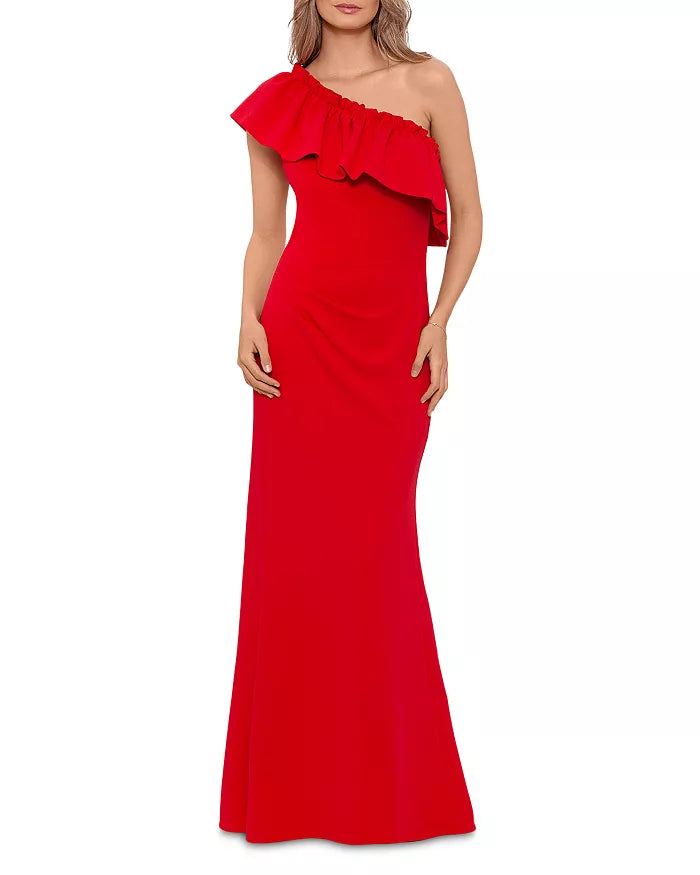 AQUA One Shoulder Ruffle Gown