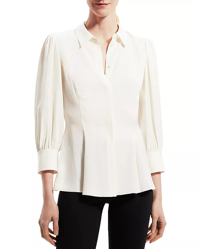 Theory Flared Puff Sleeve Silk Blouse