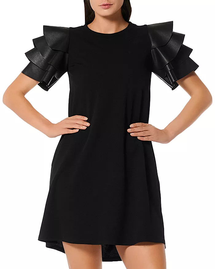Gracia Faux Leather Tiered Sleeve Dress DGFOutlet Gracia Faux Leather Tiered Sleeve Dress DGFOutlet