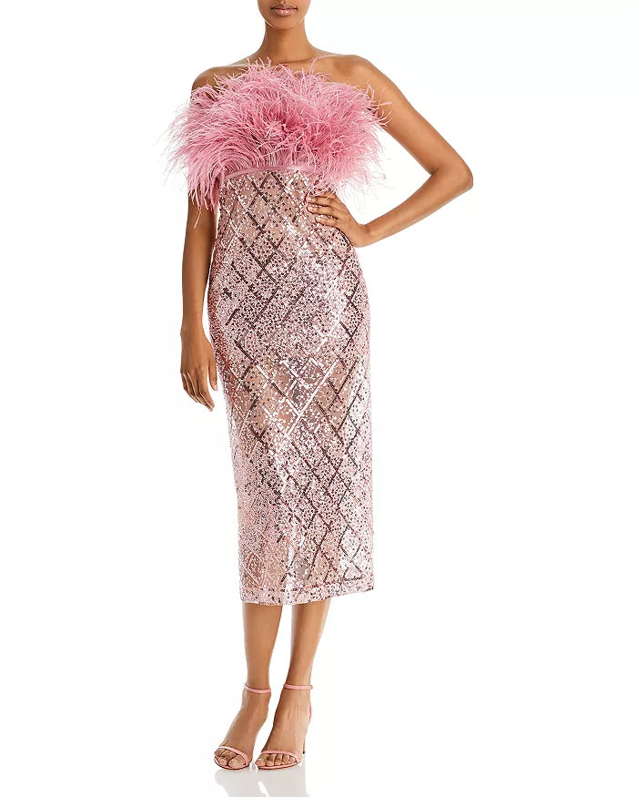BRONX AND BANCO Coco x Afiya Sequin Feather Midi Dress