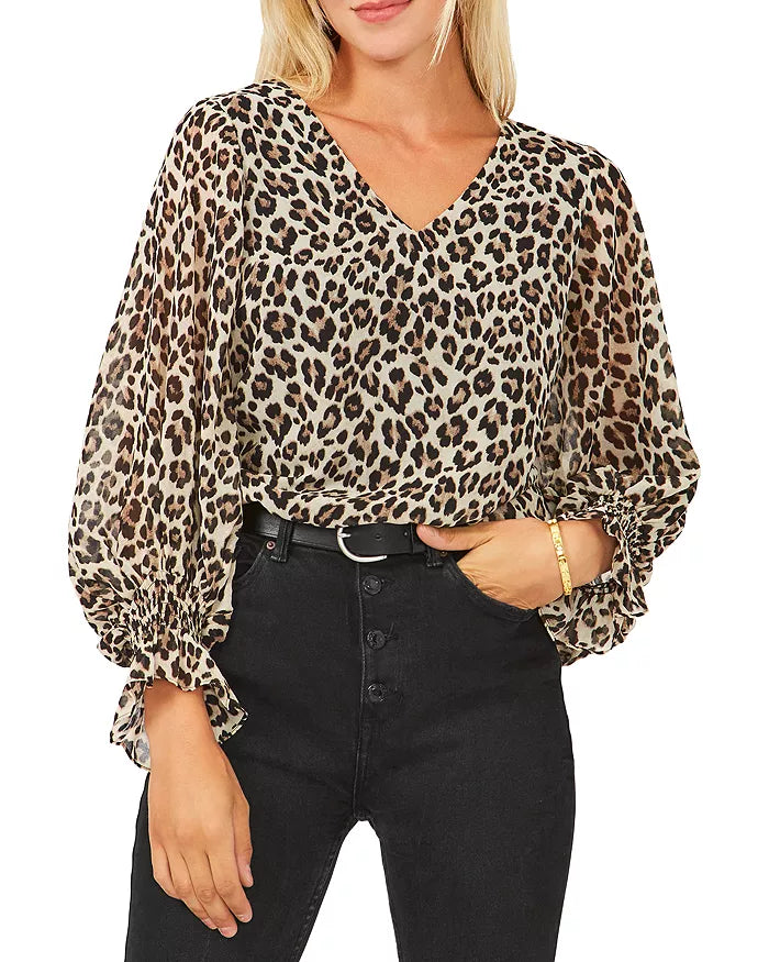 Vince Camuto Leopard Print Smocked Cuff Top