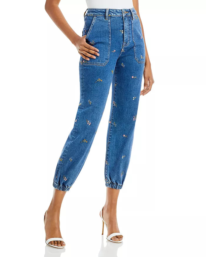 AQUA Floral Embroidered High Rise Jogger Ankle Jeans