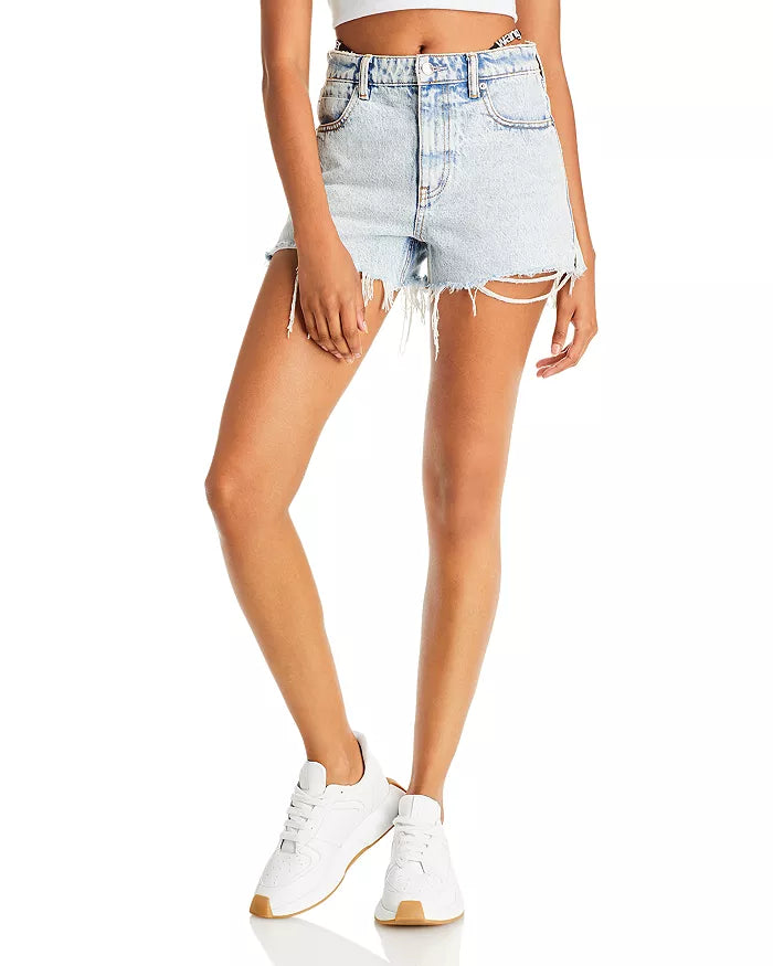 ALEXANDERWANG Embellished Logo Waist Strap Cutoff Denim Shorts