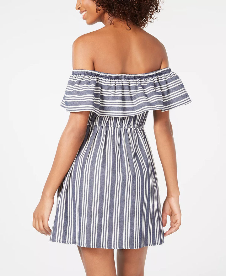 Speechless Juniors' Striped Off-The-Shoulder Fit & Flare Dress