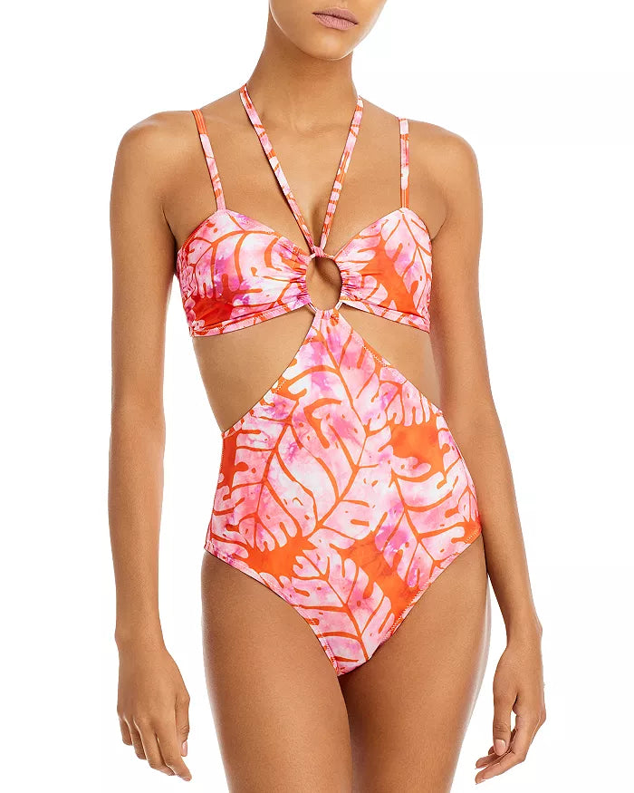 AQUA x Studio 189 Batik Leaf Print Cutout One Piece Swimsuit