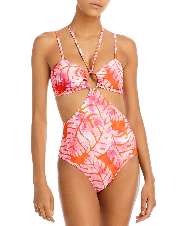 AQUA Batik Leaf Print Cutout One Piece Swimsuit