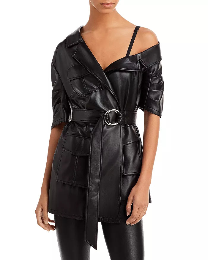 CINQ À SEPT Katie One-shoulder Belted Faux Leather Minidress