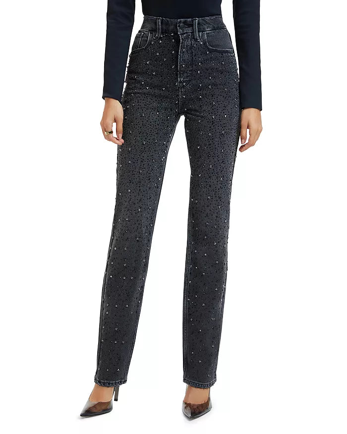Good American Good Icon Embellished High Rise Straight Leg Jeans