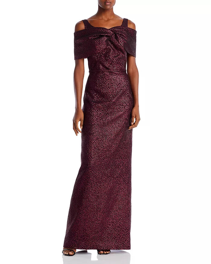 Teri Jon by Rickie Freeman Metallic Printed Jacquard Cold Shoulder Column Gown