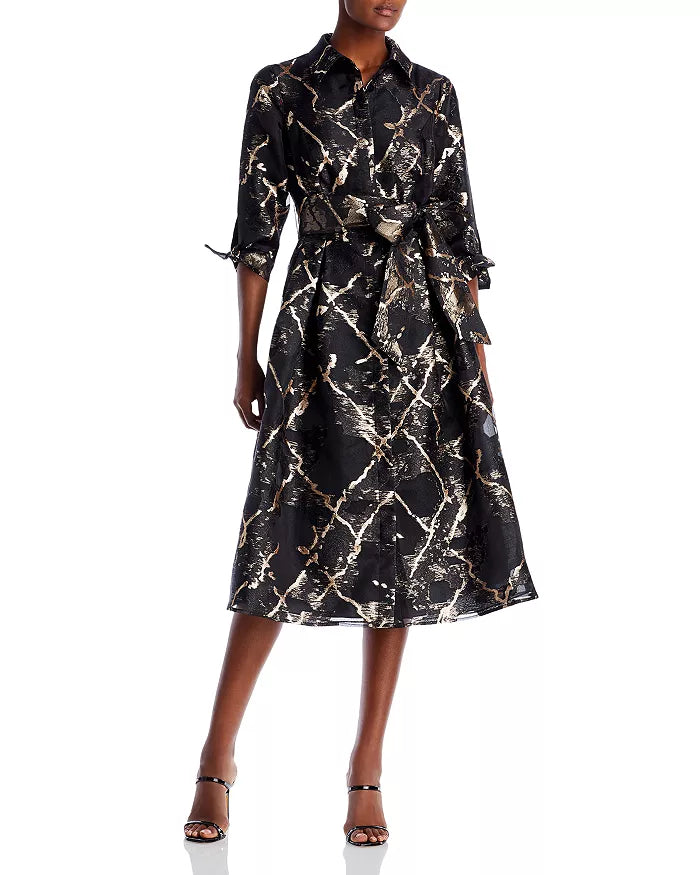 Teri Jon by Rickie Freeman Metallic Burnout Jacquard Shirt Dress