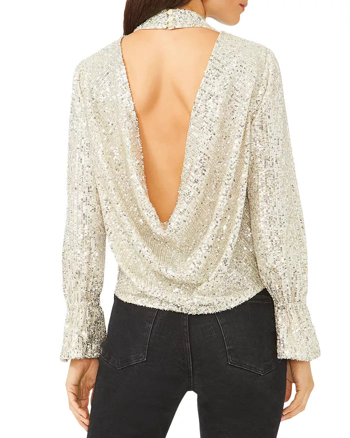 1. STATE Draped Back Sequin Top