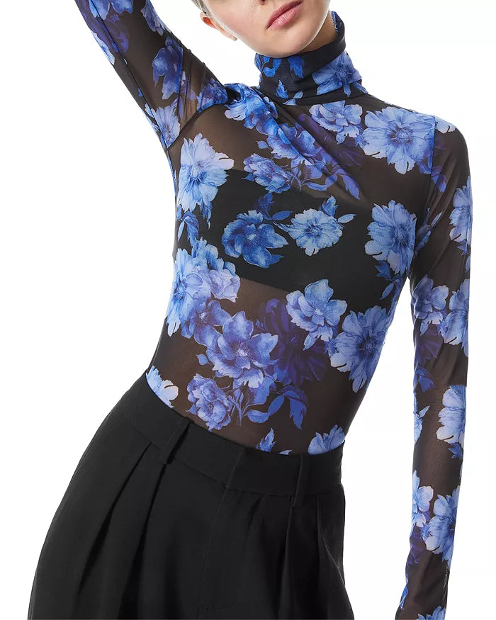 Alice and Olivia Delaina Printed Mesh Turtleneck Top