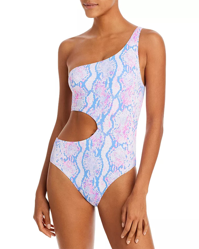 AQUA Swim Snake Print One Shoulder Cutout One Piece Swimsuit