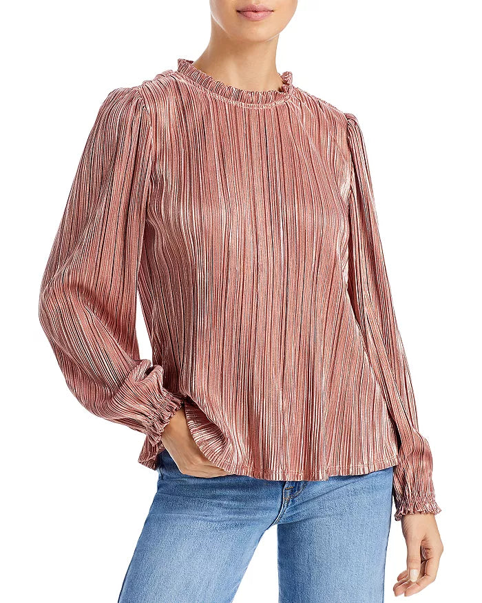 AQUA Pleated Ruffled Neck Top