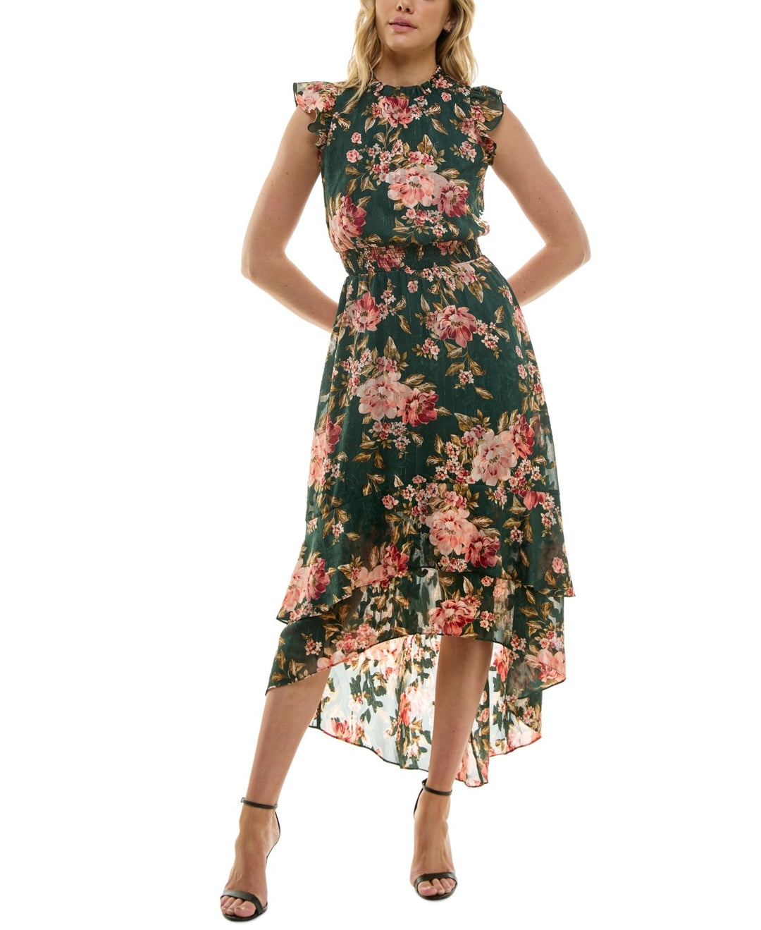 BCX Juniors' Floral-Print Smocked-Waist High-Low Hem Dress DGFOutlet BCX Juniors' Floral-Print Smocked-Waist High-Low Hem Dress DGFOutlet
