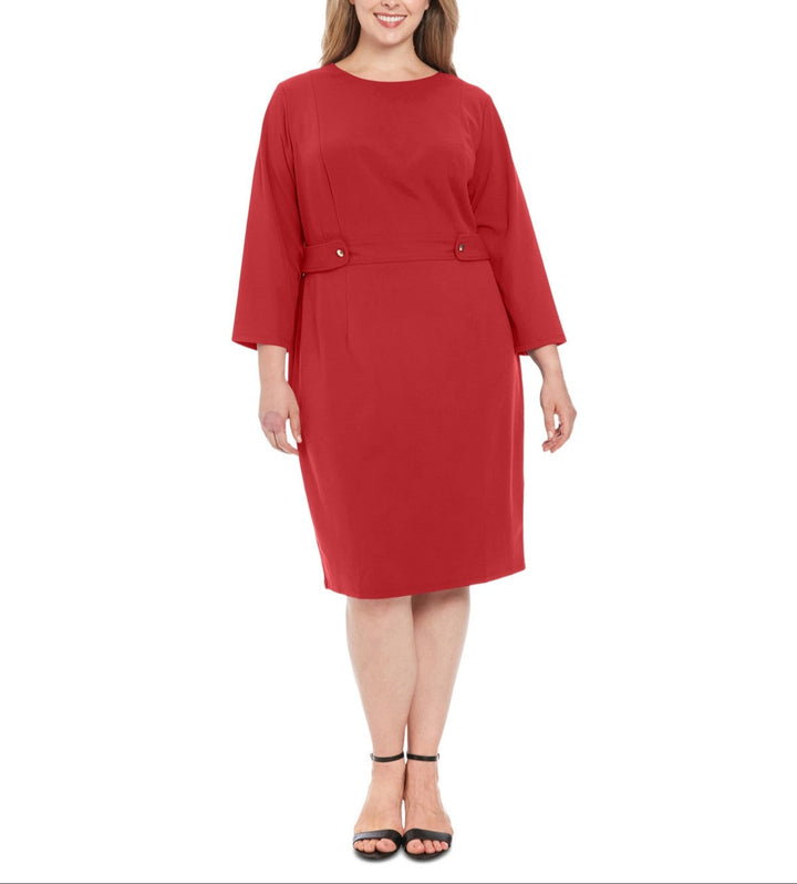 London Times Plus Size 3/4-Sleeve Tab-Waist Sheath Dress