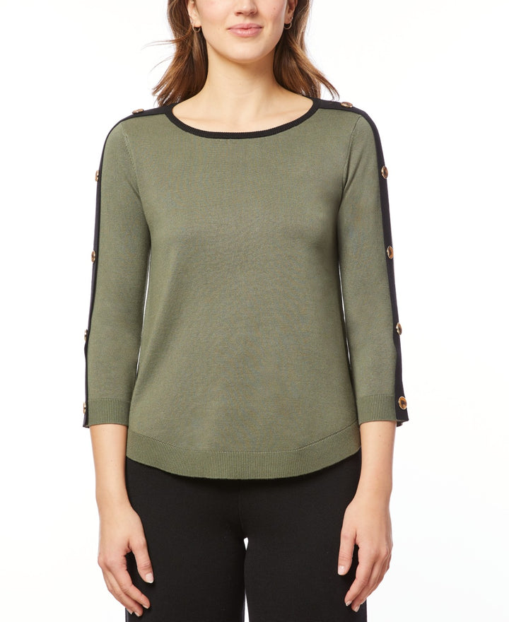 Melissa Paige Button-Sleeve Crew Neck Sweater