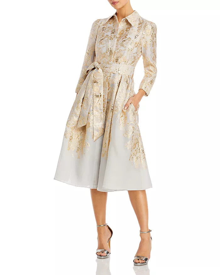 Teri Jon by Rickie Freeman Metallic Jacquard Shirt Dress