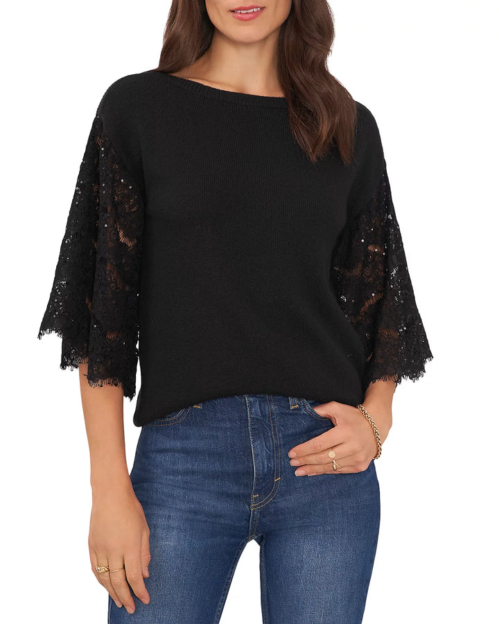 Vince Camuto Sequin Lace Sleeve Mixed Media Sweater