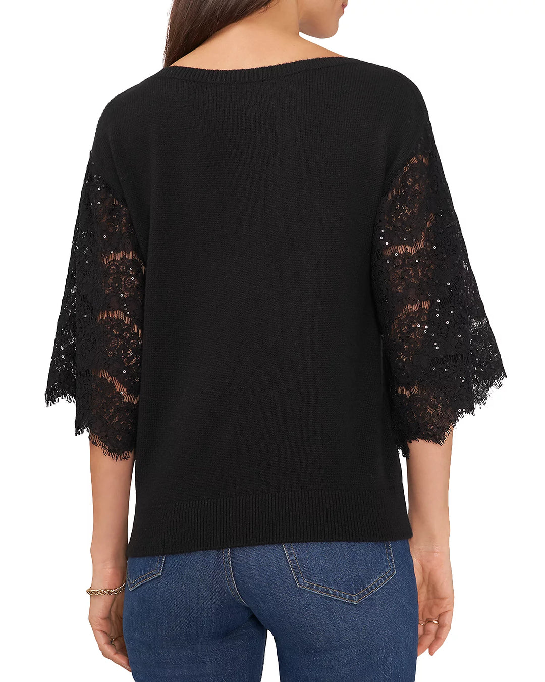 Vince Camuto Sequin Lace Sleeve Mixed Media Sweater