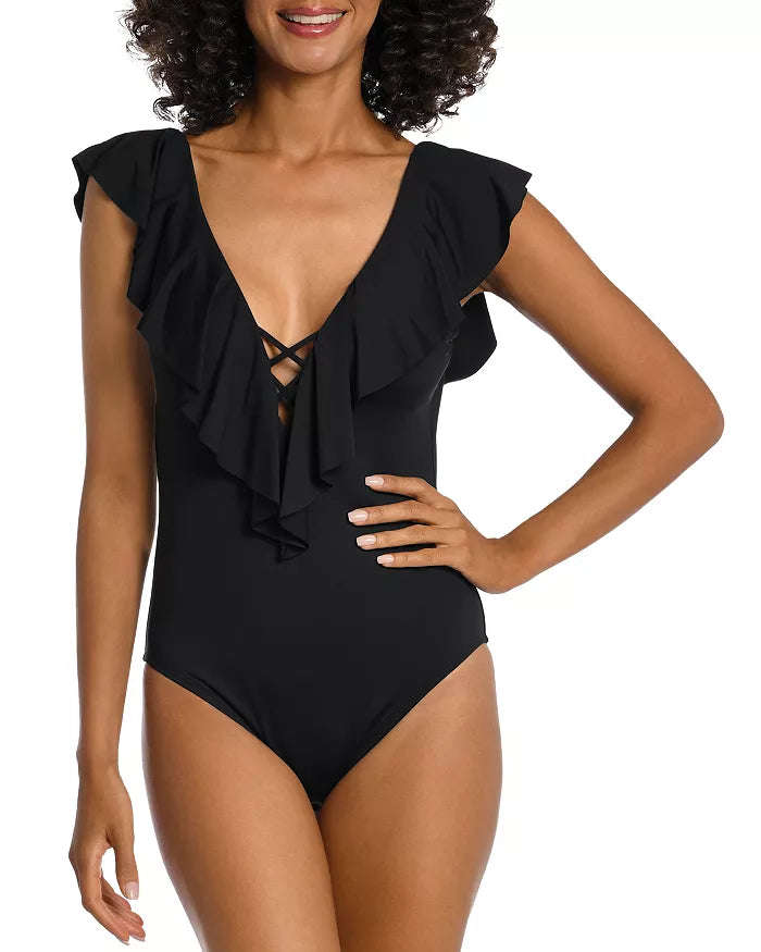 La Blanca Ruffled V-Neck One Piece Swimsuit