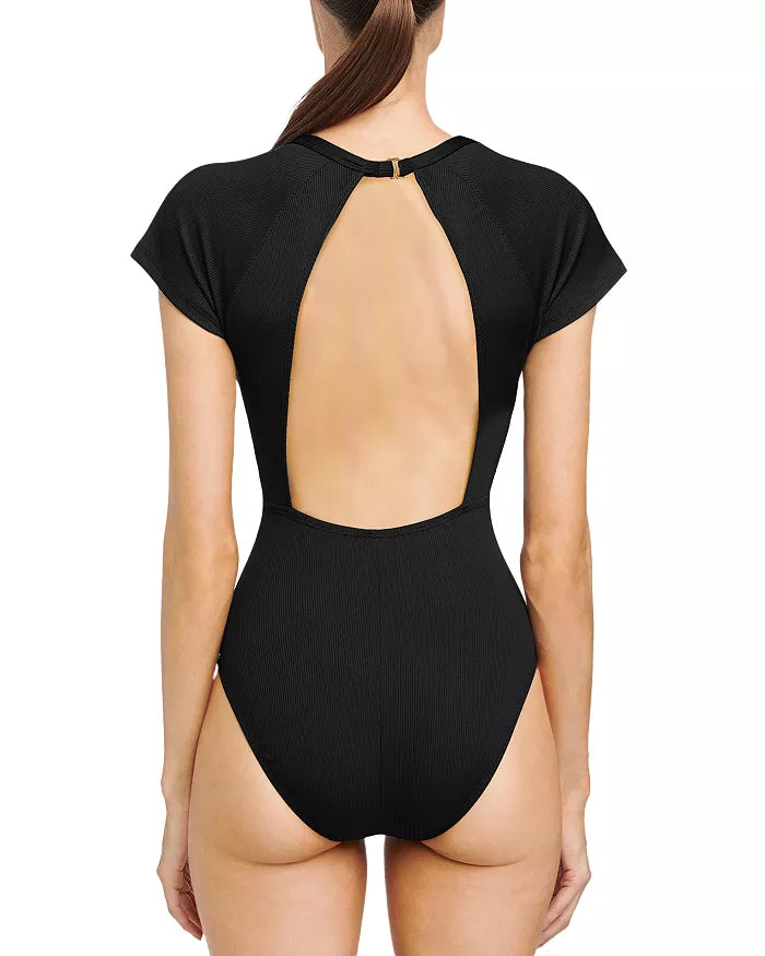 Robin Piccone Raglan Snap Front One Piece Swimsuit