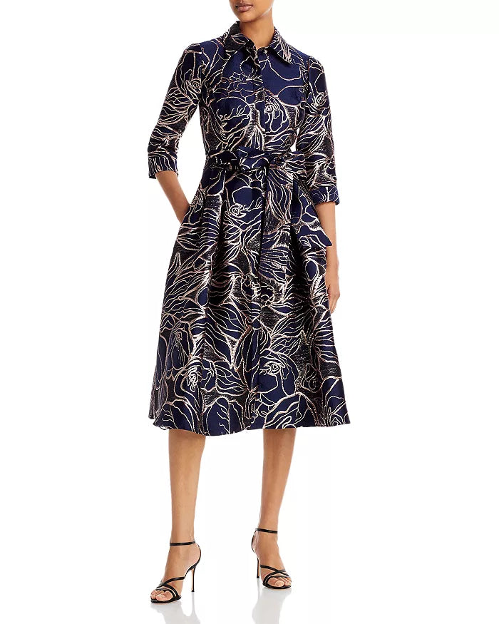 Teri Jon by Rickie Freeman Metallic Floral Belted Shirt Dress